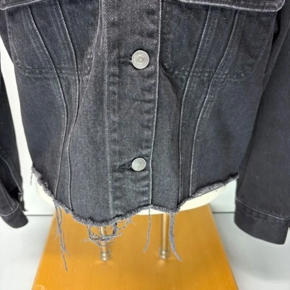 Abercrombie & Fitch Black Denim Sherpa Lined Trucker Jacket Womens Size M Cotton